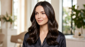 Woman with smooth, shiny hair after a hair glaze treatment that enhances shine and color vibrancy.