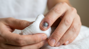 Person applying a cold compress to a bruised fingernail after an injury