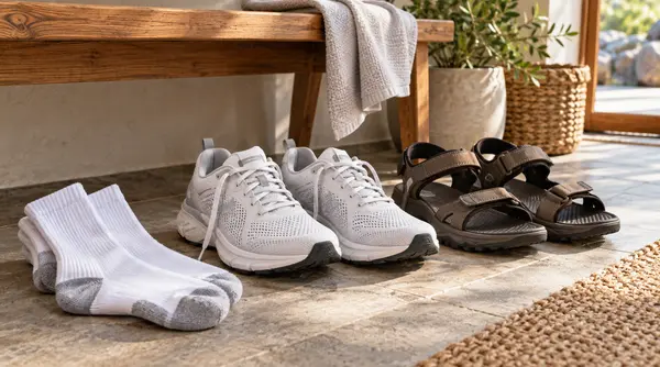Breathable shoes, sandals and clean socks for preventing sweaty feet