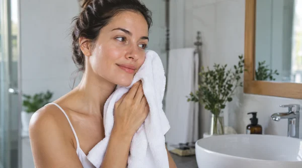 Woman gently patting her face dry before applying sunscreen.