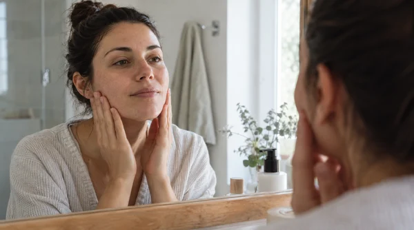 Woman checking her skin in a bathroom mirror