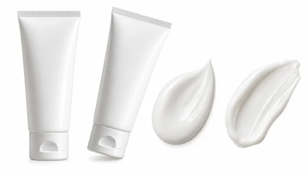 Two sunscreen tubes and cream textures on a white background.