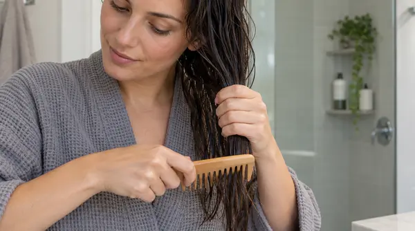 Gently detangling damp hair from the ends upward