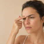 Woman gently touching the area between her eyebrows while noticing brow tension
