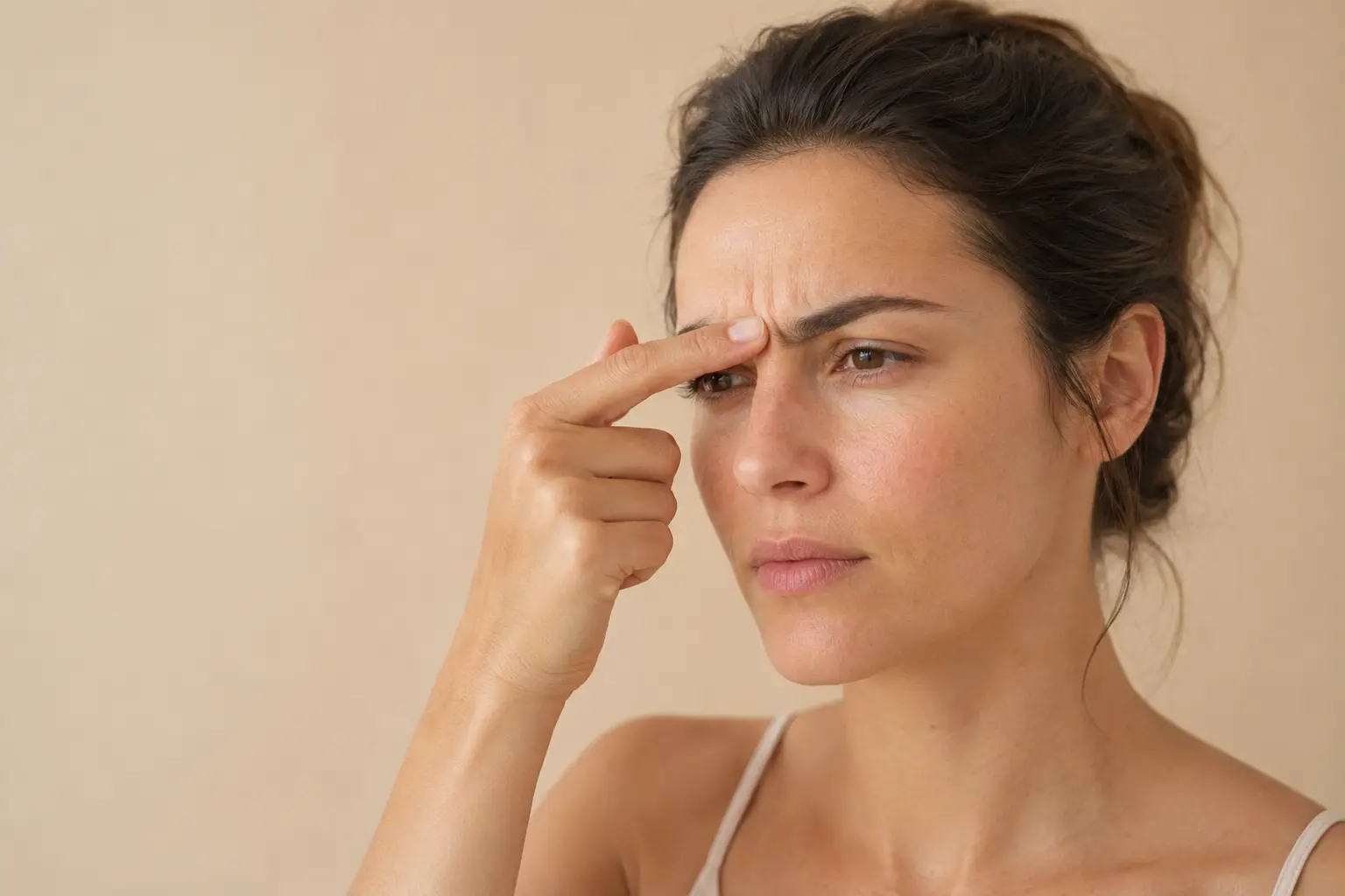 Woman gently touching the area between her eyebrows while noticing brow tension