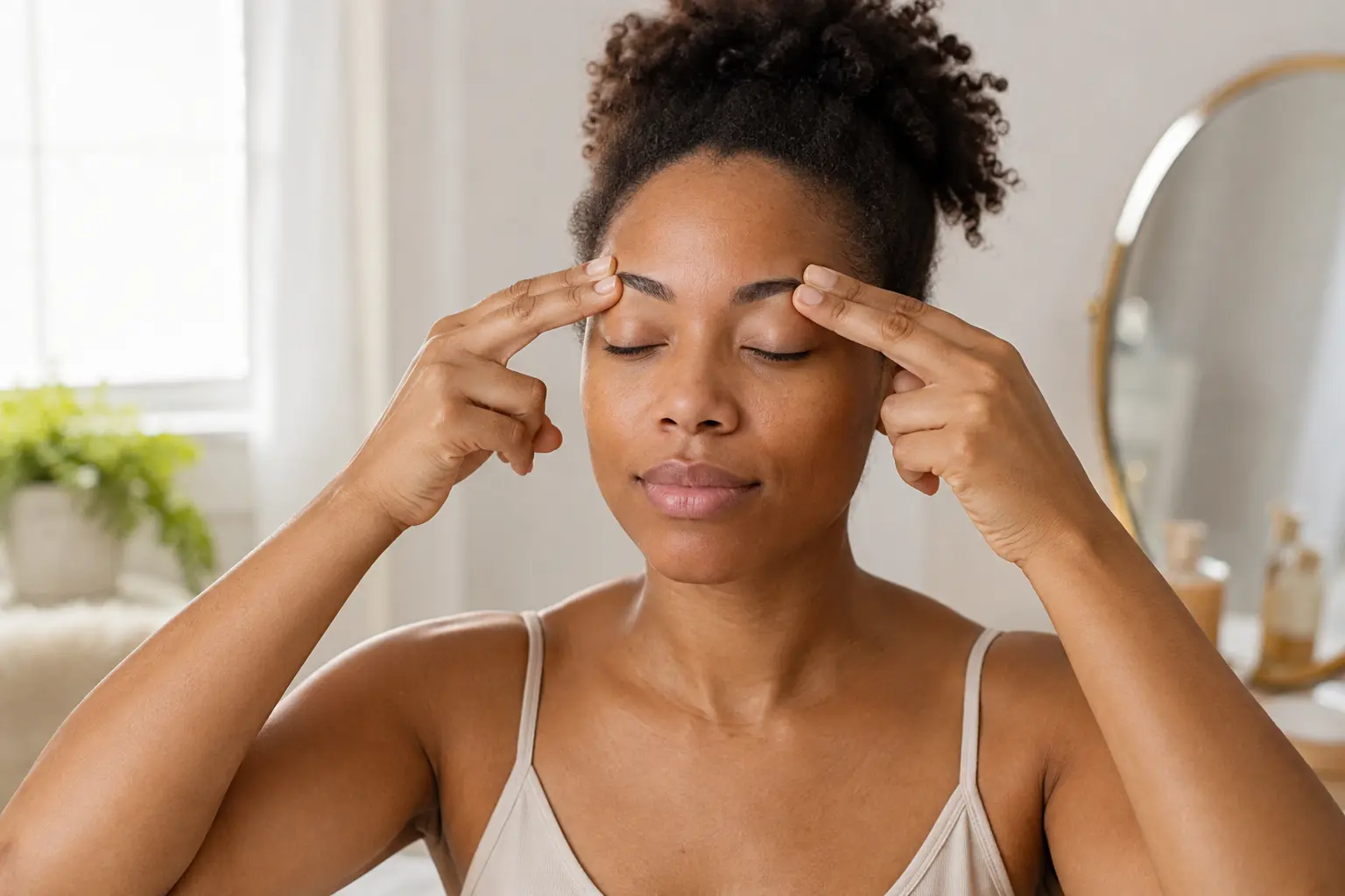 Woman practicing a gentle brow relaxation exercise