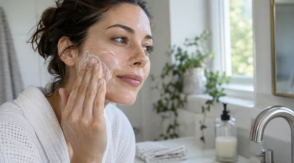 Why does my face feel tight after washing it? Woman cleansing her cheek gently
