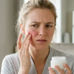 Woman experiencing a burning sensation after applying face moisturizer