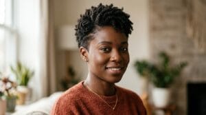 Black woman with a tapered natural pixie and short coily hair