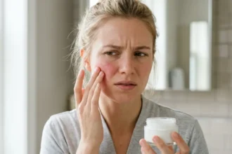 Woman experiencing a burning sensation after applying face moisturizer