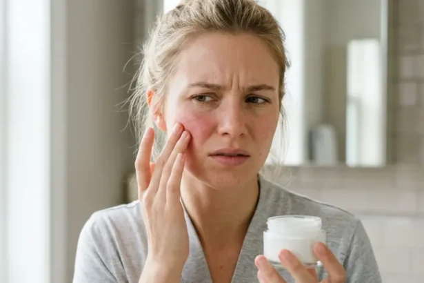 Woman experiencing a burning sensation after applying face moisturizer