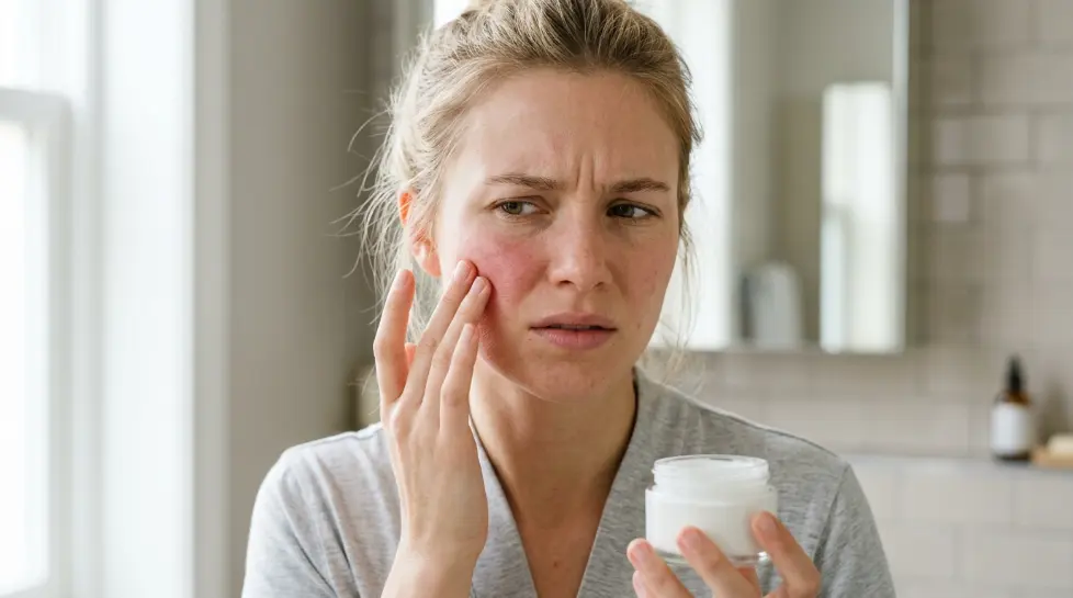 Woman experiencing a burning sensation after applying face moisturizer