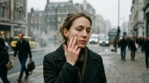 Woman with dull-looking skin exposed to everyday city pollution and smoke