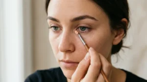 Applying a small amount of color corrector only where needed before concealer.
