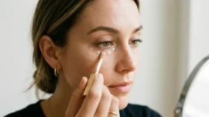 Using a small amount of concealer under the eyes to help prevent creasing