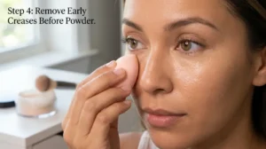 Smoothing early concealer creases before applying setting powder under the eyes.