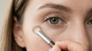 Strategically setting under-eye concealer with a light layer of powder to prevent creasing.