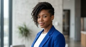 Black woman with an asymmetrical pixie haircut and longer textured side