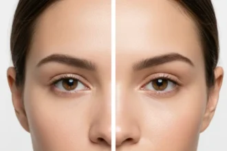 Split-face comparison showing dull skin and brighter-looking skin