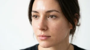 Woman with oily but dehydrated skin showing shine and fine dehydration lines