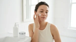 Woman applying moisturizer as part of a gentle dry skin care routine