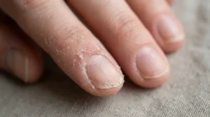 Thin and rough natural nails after being over-filed during acrylic removal