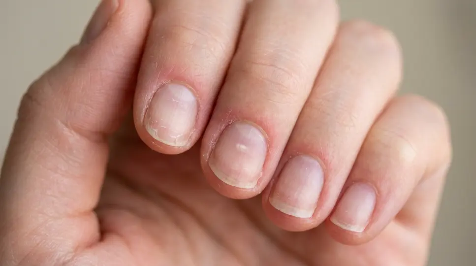 Thin, sensitive natural fingernails with mild redness after acrylic nail removal.