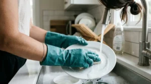 Woman wearing rubber gloves to protect damaged nails from repeated water exposure.