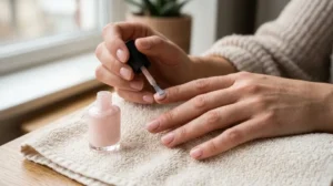 Woman applying regular polish to damaged nails after gel removal