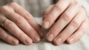 Woman avoiding peeling the remaining gel from her damaged natural nails.