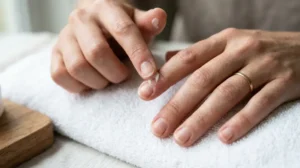 Woman gently applying moisturizer to dry skin around nails after gel polish removal.