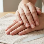 Damaged nails healing after gel polish removal with healthier new nail growth.