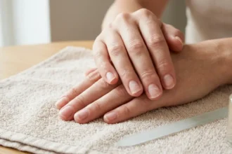 Damaged nails healing after gel polish removal with healthier new nail growth.