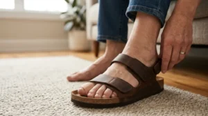 Person wearing a roomy open-toe sandal to reduce pressure on a loose big toenail.