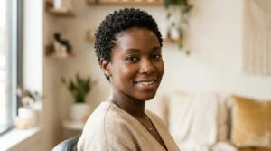 Adult Black woman with a short teeny weeny afro showing tightly coiled natural hair texture