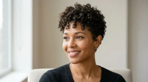 Adult woman with a short curly pixie cut and naturally defined curls