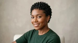 Adult Black woman with short finger coils and defined natural curls