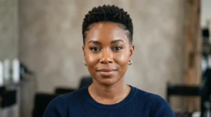 Black woman with a soft tapered haircut and natural textured hair