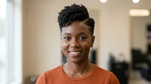 Black woman with a tapered haircut and defined side part