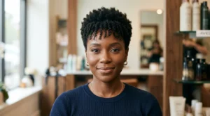 Black woman with a low taper haircut and fuller natural top
