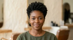 Black woman with a low taper haircut and fuller natural top