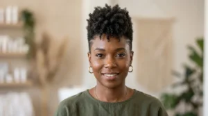 Black woman with a mini frohawk and short natural coily hair