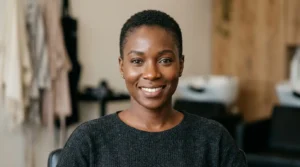 Black woman with a close-cropped buzz cut and natural hairline