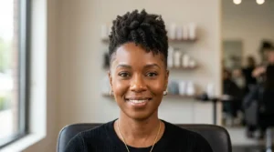 Black woman with a soft mohawk-inspired taper and natural textured hair