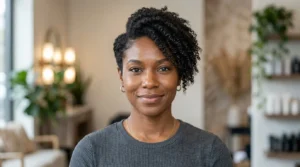 Black woman with an asymmetrical natural pixie cut and textured hair