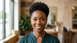 Black woman with a short afro and neatly tapered edges