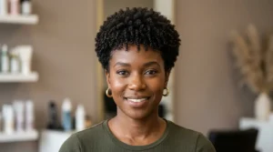 Black woman with a shaped wash-and-go crop and defined natural curls