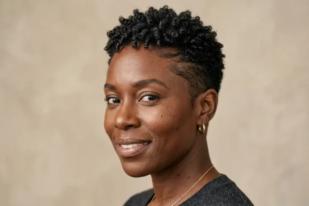 Close-up of a Black woman with fine natural hair and a short tapered haircuts