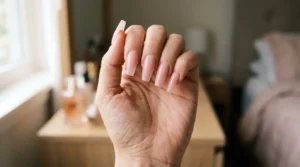 Close-up of long ballerina-shaped nails with tapered sides and flat tips