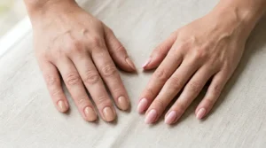 Two hands showing nail shapes that complement different finger lengths and hand shapes